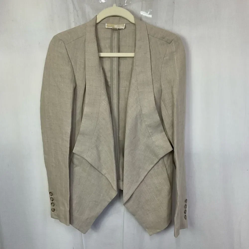 MICHAEL Michael Kors Cream 100% Linen Open Front Drape Blazer Jacket Size 4